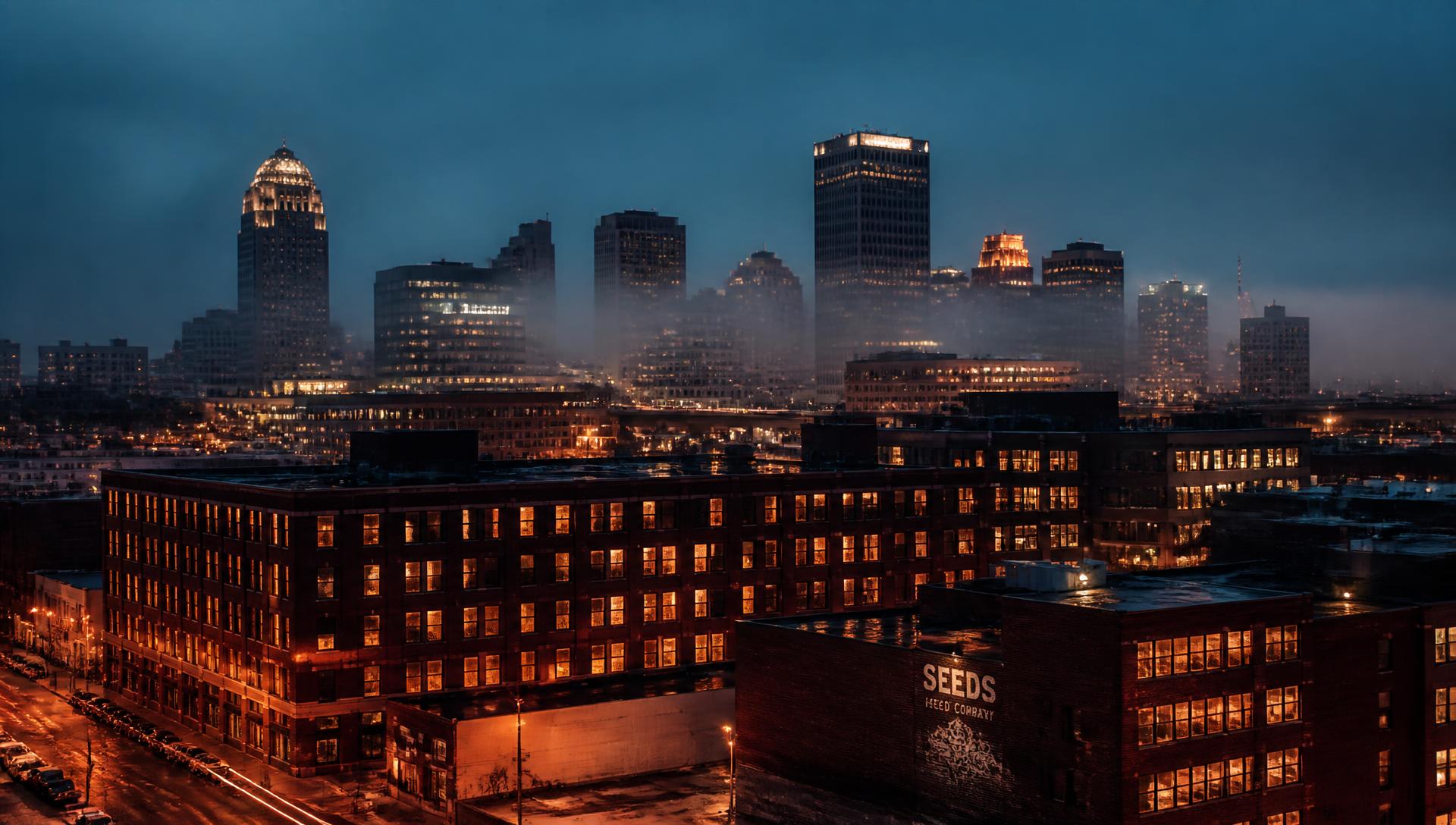 Commercial buildings in an American city at dusk